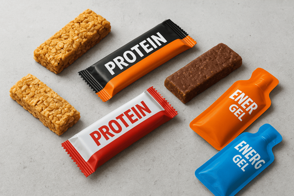 Barras de cereais, barras de proteína géis energéticos