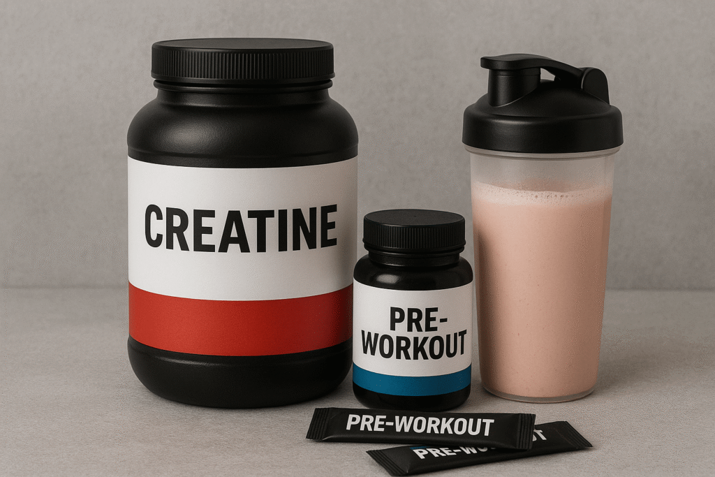 Produtos de suplementos custo beneficio, creatina e pré-treino.